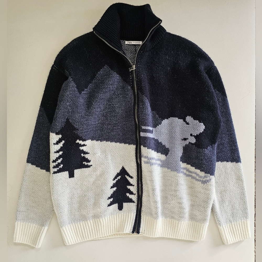 Zara Ski Jacquard Knit Jacket Blue/White Acrylic Knit Sweater Full Zip - Picture 3 of 12